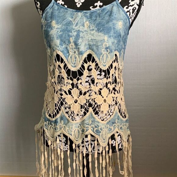 May &‎ July Women's Blue Tie-Dye Crochet Lace Blouse Size M - Picture 6 of 11